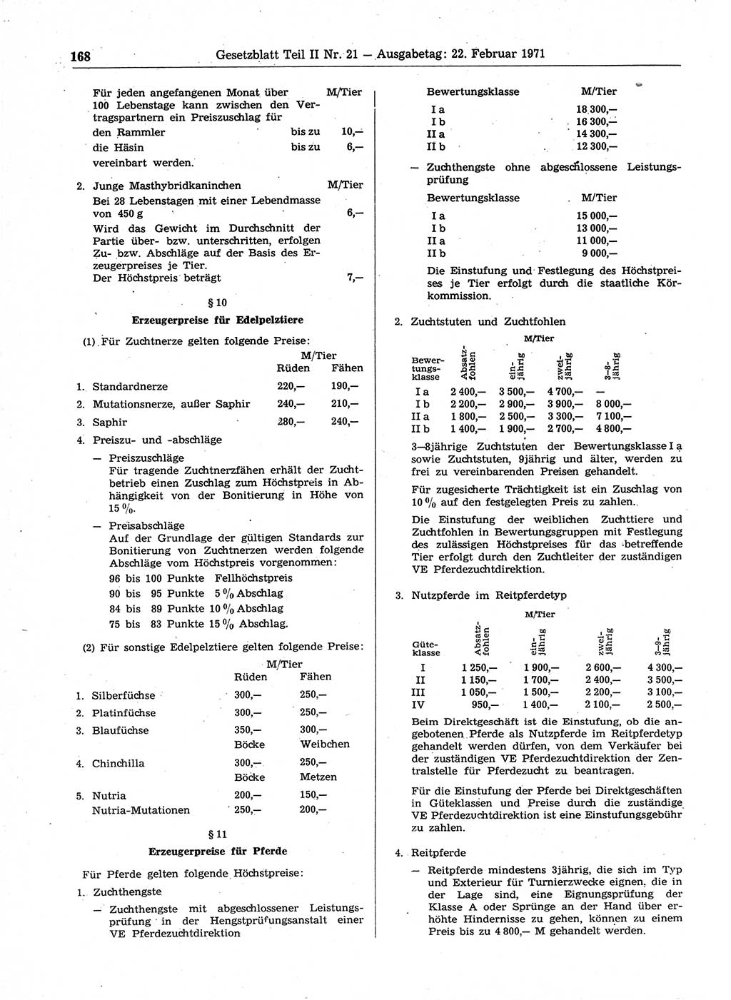 Gesetzblatt (GBl.) der Deutschen Demokratischen Republik (DDR) Teil ⅠⅠ 1971, Seite 168 (GBl. DDR ⅠⅠ 1971, S. 168)