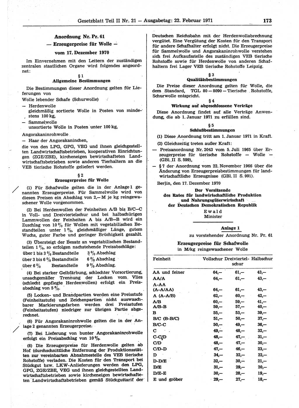 Gesetzblatt (GBl.) der Deutschen Demokratischen Republik (DDR) Teil ⅠⅠ 1971, Seite 173 (GBl. DDR ⅠⅠ 1971, S. 173)