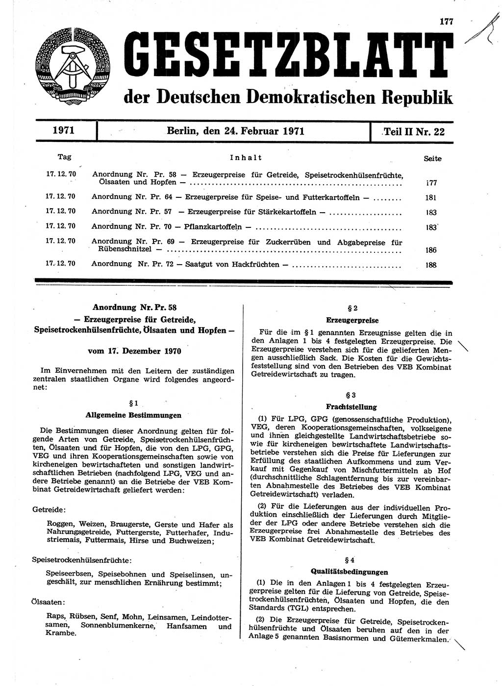 Gesetzblatt (GBl.) der Deutschen Demokratischen Republik (DDR) Teil ⅠⅠ 1971, Seite 177 (GBl. DDR ⅠⅠ 1971, S. 177)