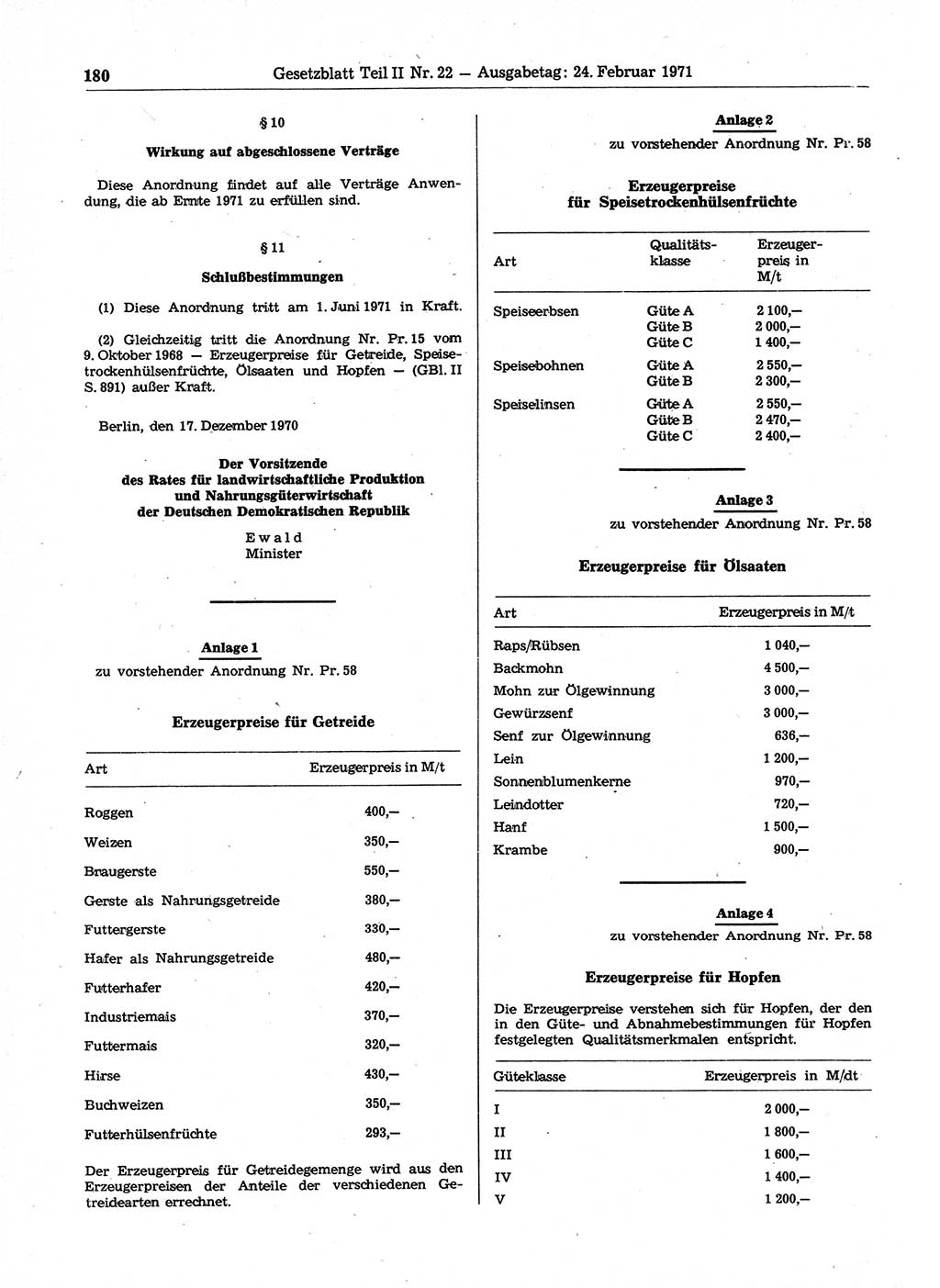 Gesetzblatt (GBl.) der Deutschen Demokratischen Republik (DDR) Teil ⅠⅠ 1971, Seite 180 (GBl. DDR ⅠⅠ 1971, S. 180)