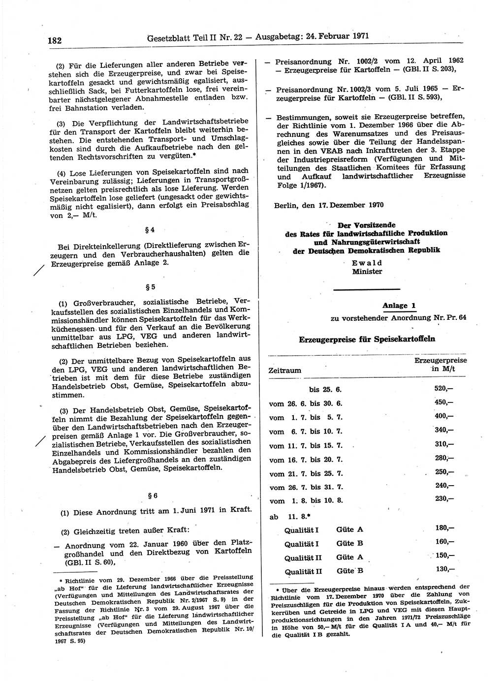 Gesetzblatt (GBl.) der Deutschen Demokratischen Republik (DDR) Teil ⅠⅠ 1971, Seite 182 (GBl. DDR ⅠⅠ 1971, S. 182)