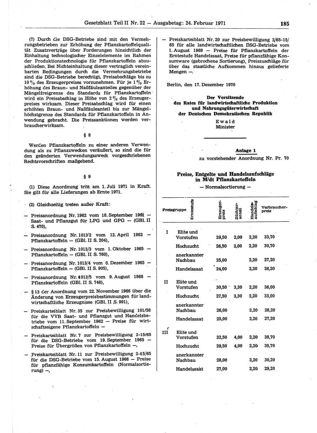 Gesetzblatt (GBl.) der Deutschen Demokratischen Republik (DDR) Teil ⅠⅠ 1971, Seite 185 (GBl. DDR ⅠⅠ 1971, S. 185)