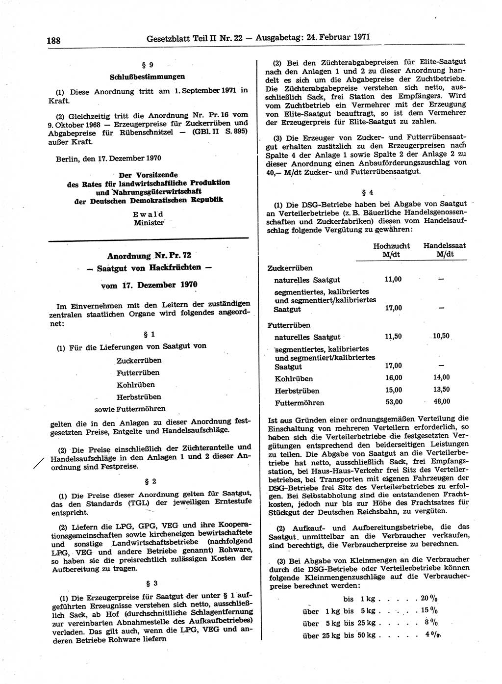 Gesetzblatt (GBl.) der Deutschen Demokratischen Republik (DDR) Teil ⅠⅠ 1971, Seite 188 (GBl. DDR ⅠⅠ 1971, S. 188)