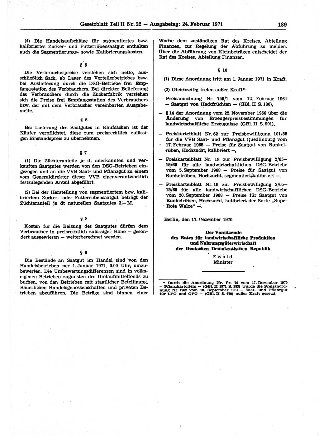 Gesetzblatt (GBl.) der Deutschen Demokratischen Republik (DDR) Teil ⅠⅠ 1971, Seite 189 (GBl. DDR ⅠⅠ 1971, S. 189)