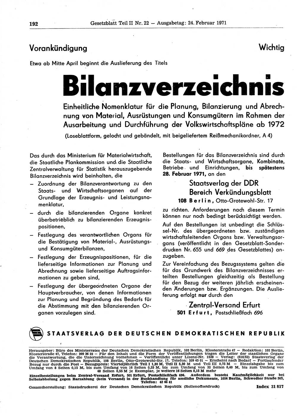 Gesetzblatt (GBl.) der Deutschen Demokratischen Republik (DDR) Teil ⅠⅠ 1971, Seite 192 (GBl. DDR ⅠⅠ 1971, S. 192)