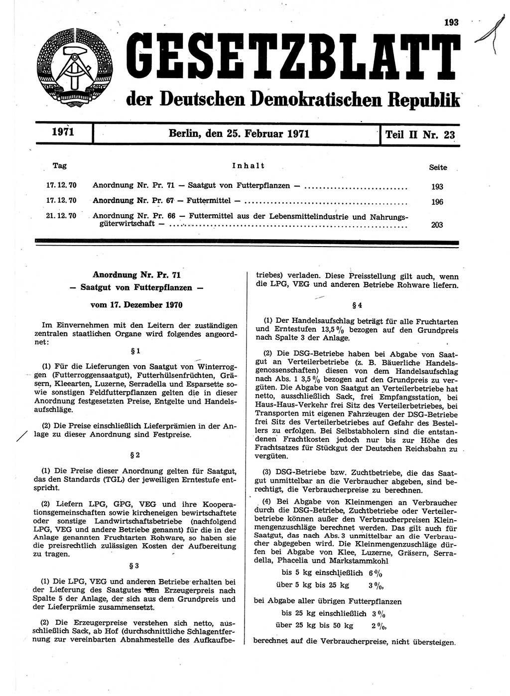 Gesetzblatt (GBl.) der Deutschen Demokratischen Republik (DDR) Teil ⅠⅠ 1971, Seite 193 (GBl. DDR ⅠⅠ 1971, S. 193)