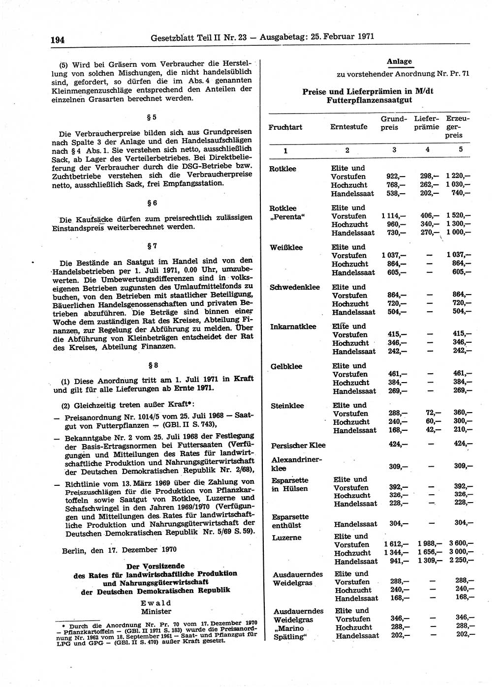 Gesetzblatt (GBl.) der Deutschen Demokratischen Republik (DDR) Teil ⅠⅠ 1971, Seite 194 (GBl. DDR ⅠⅠ 1971, S. 194)