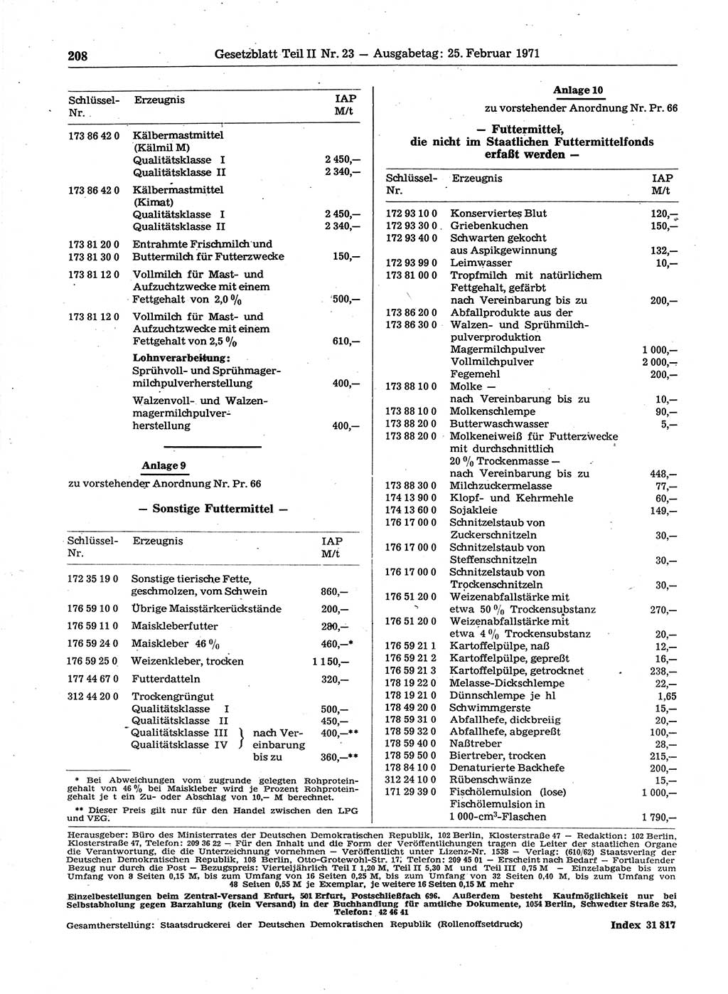 Gesetzblatt (GBl.) der Deutschen Demokratischen Republik (DDR) Teil ⅠⅠ 1971, Seite 208 (GBl. DDR ⅠⅠ 1971, S. 208)