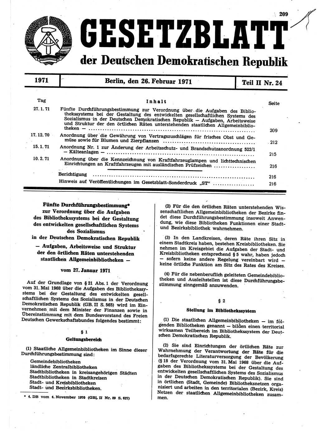Gesetzblatt (GBl.) der Deutschen Demokratischen Republik (DDR) Teil ⅠⅠ 1971, Seite 209 (GBl. DDR ⅠⅠ 1971, S. 209)