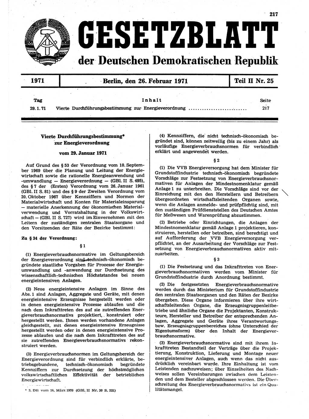 Gesetzblatt (GBl.) der Deutschen Demokratischen Republik (DDR) Teil ⅠⅠ 1971, Seite 217 (GBl. DDR ⅠⅠ 1971, S. 217)