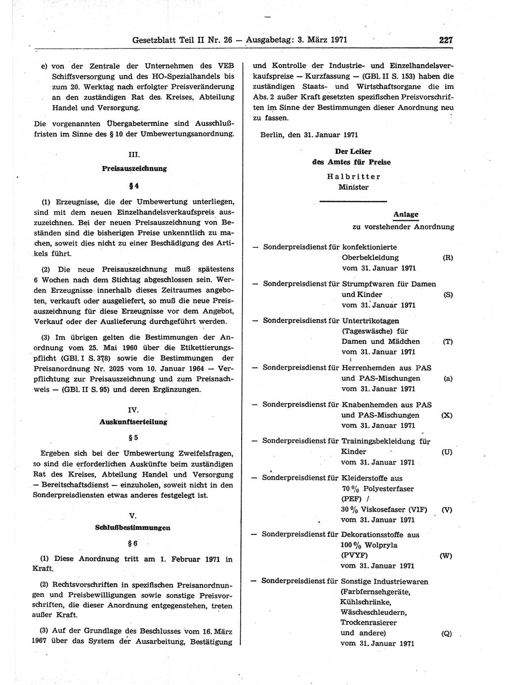Gesetzblatt (GBl.) der Deutschen Demokratischen Republik (DDR) Teil ⅠⅠ 1971, Seite 227 (GBl. DDR ⅠⅠ 1971, S. 227)