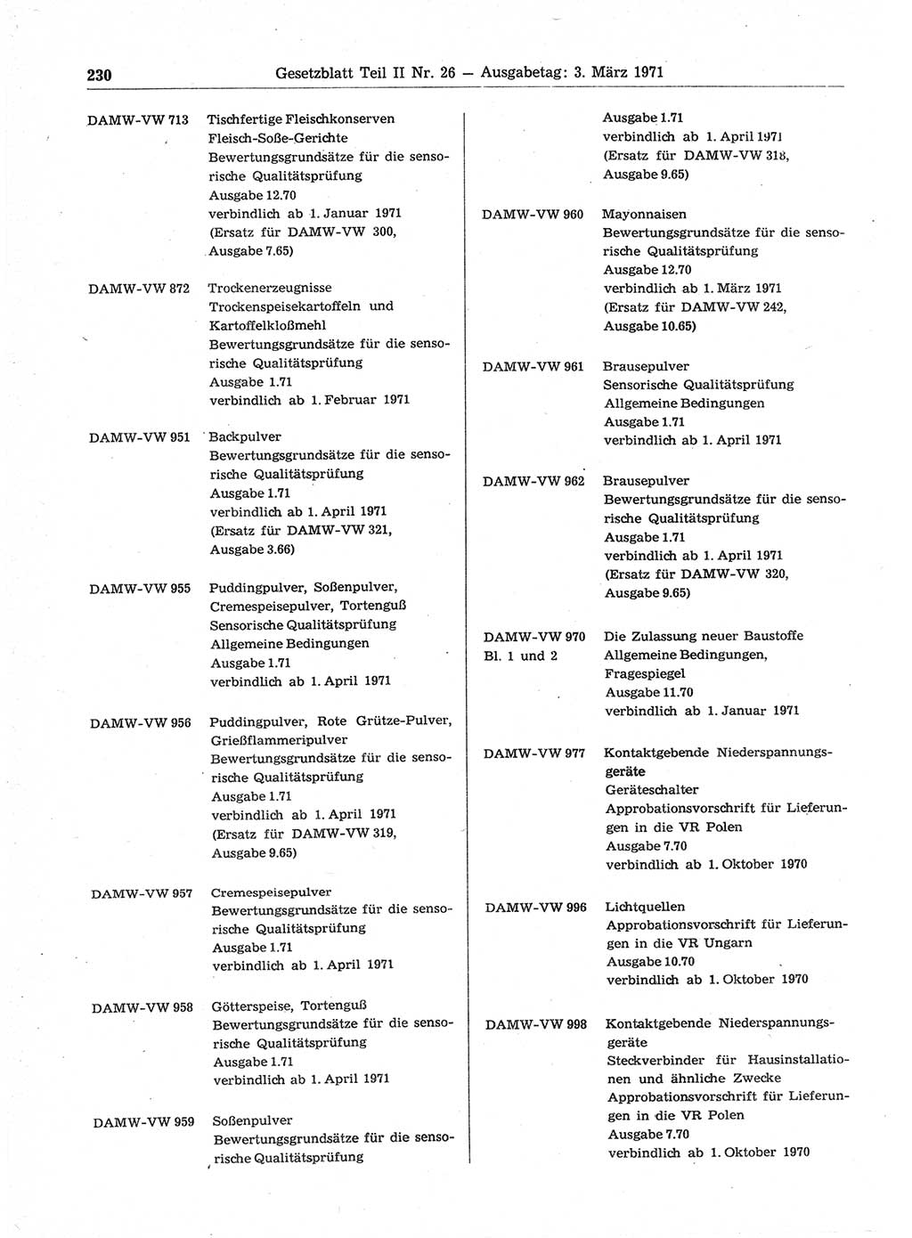 Gesetzblatt (GBl.) der Deutschen Demokratischen Republik (DDR) Teil ⅠⅠ 1971, Seite 230 (GBl. DDR ⅠⅠ 1971, S. 230)