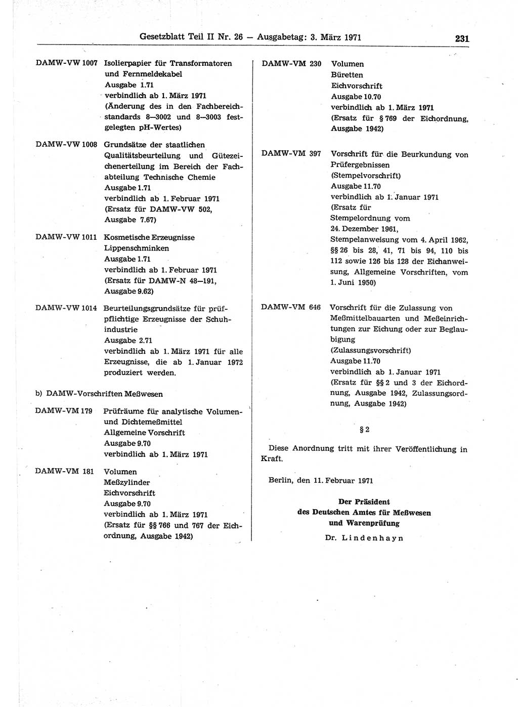 Gesetzblatt (GBl.) der Deutschen Demokratischen Republik (DDR) Teil ⅠⅠ 1971, Seite 231 (GBl. DDR ⅠⅠ 1971, S. 231)