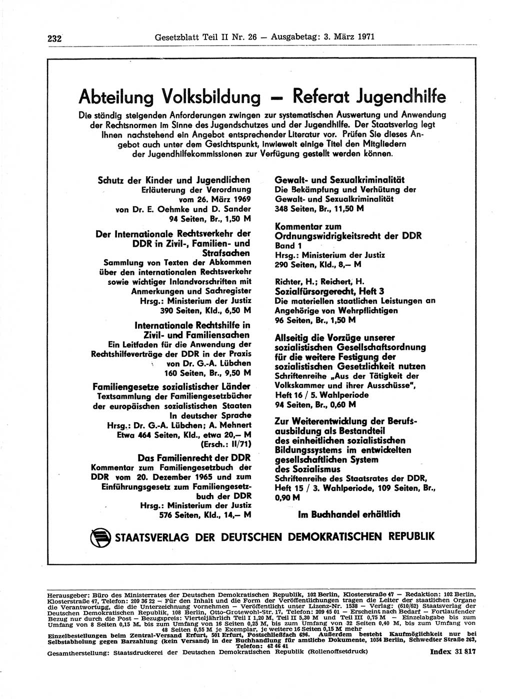 Gesetzblatt (GBl.) der Deutschen Demokratischen Republik (DDR) Teil ⅠⅠ 1971, Seite 232 (GBl. DDR ⅠⅠ 1971, S. 232)