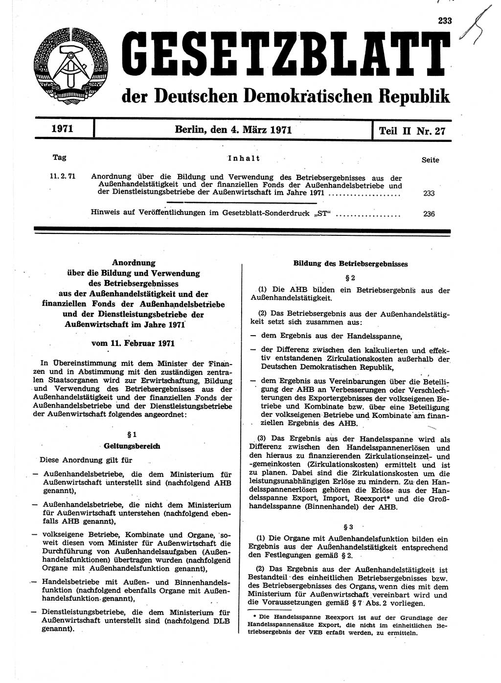 Gesetzblatt (GBl.) der Deutschen Demokratischen Republik (DDR) Teil ⅠⅠ 1971, Seite 233 (GBl. DDR ⅠⅠ 1971, S. 233)