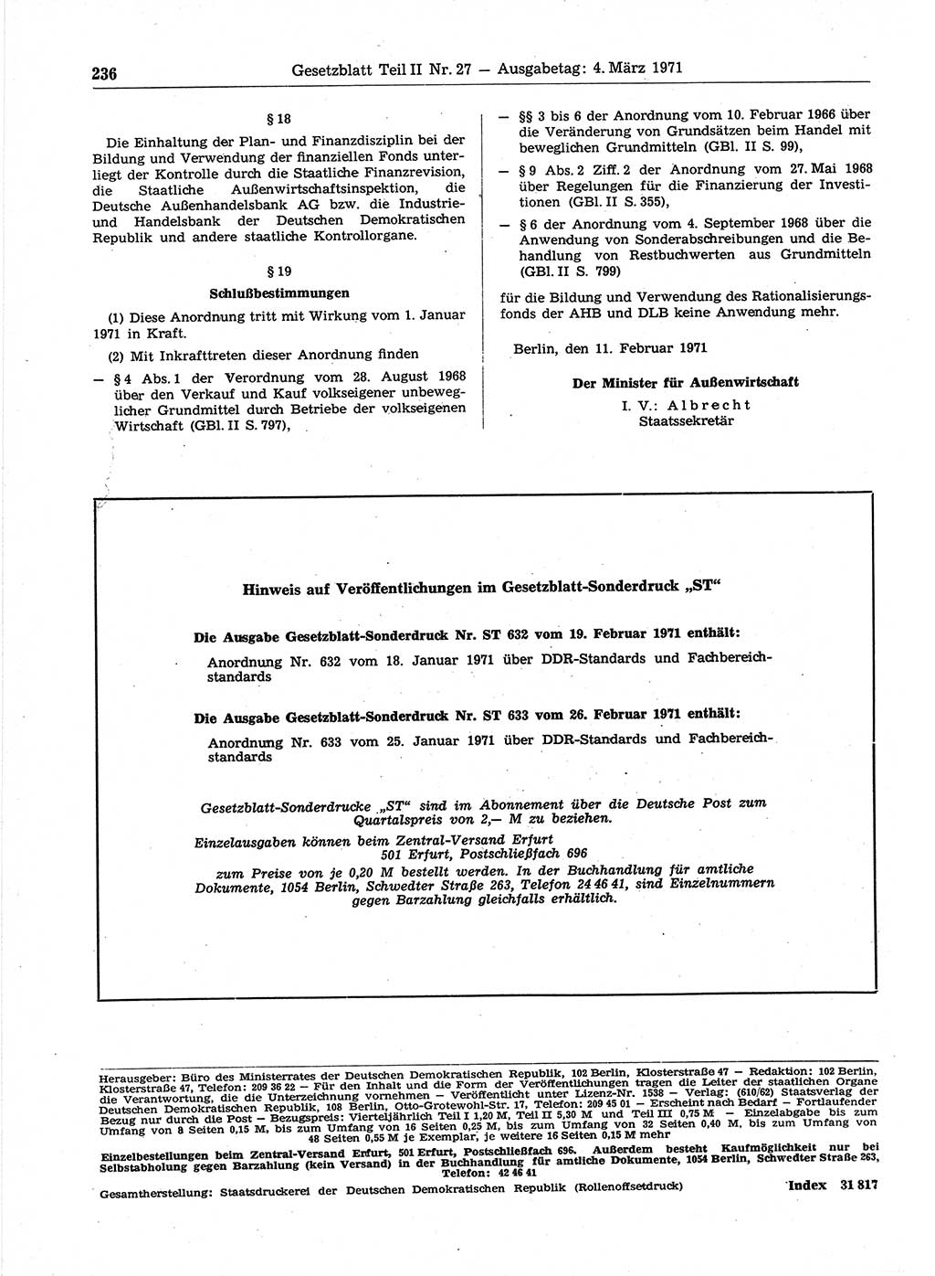 Gesetzblatt (GBl.) der Deutschen Demokratischen Republik (DDR) Teil ⅠⅠ 1971, Seite 236 (GBl. DDR ⅠⅠ 1971, S. 236)