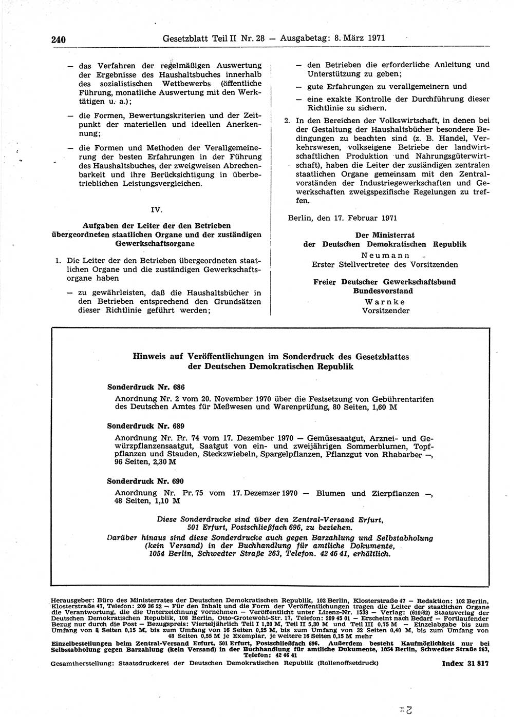 Gesetzblatt (GBl.) der Deutschen Demokratischen Republik (DDR) Teil ⅠⅠ 1971, Seite 240 (GBl. DDR ⅠⅠ 1971, S. 240)