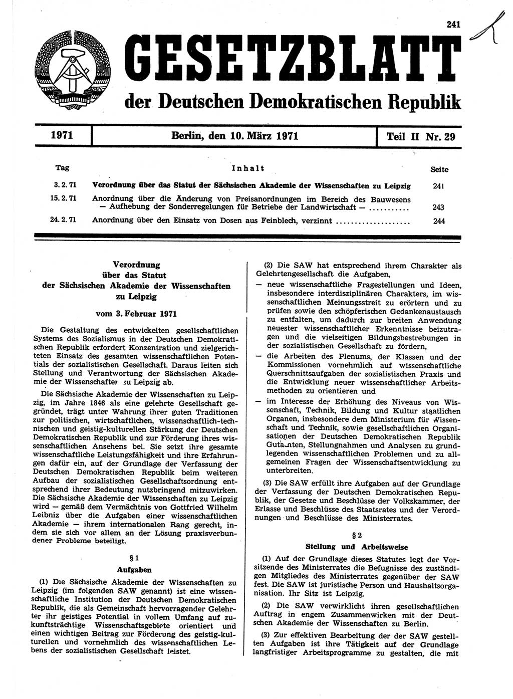 Gesetzblatt (GBl.) der Deutschen Demokratischen Republik (DDR) Teil ⅠⅠ 1971, Seite 241 (GBl. DDR ⅠⅠ 1971, S. 241)