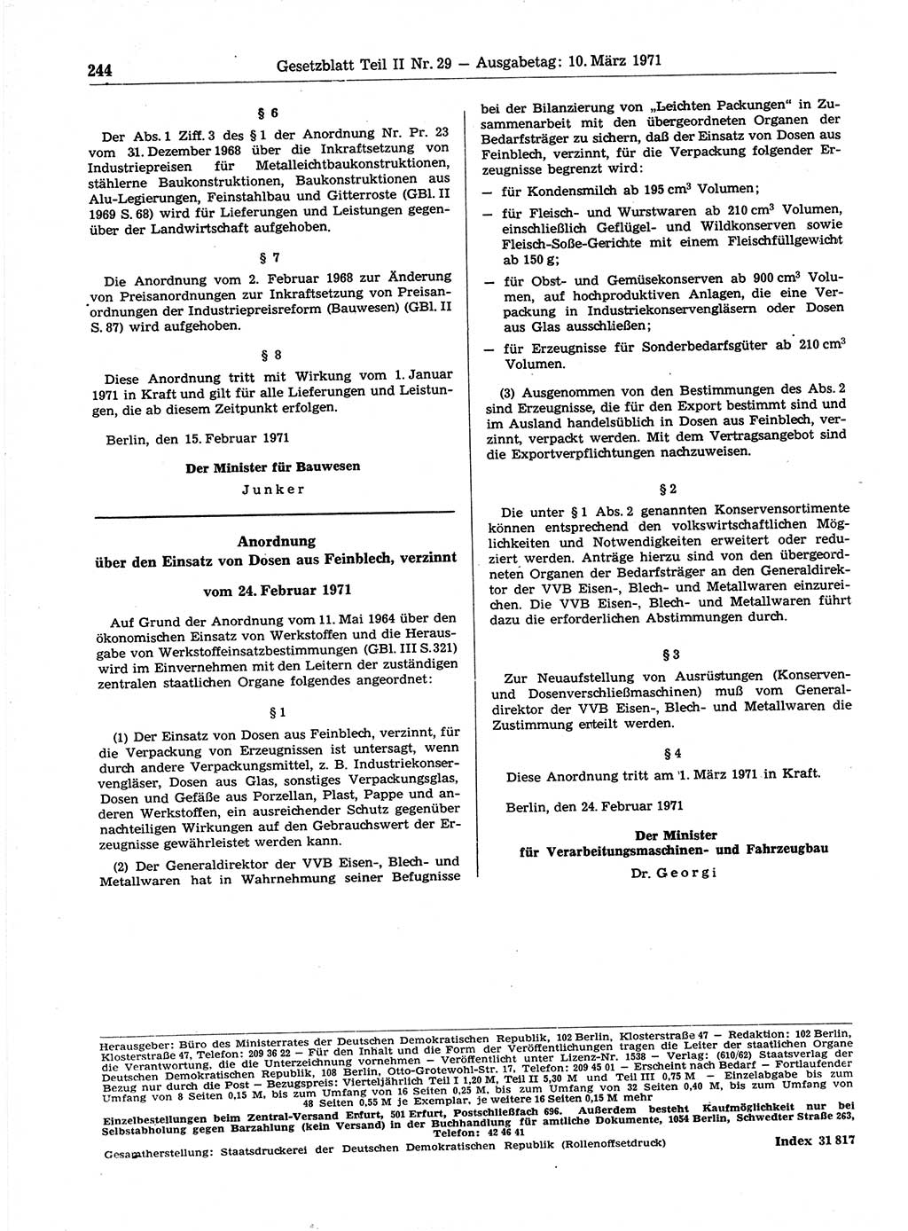 Gesetzblatt (GBl.) der Deutschen Demokratischen Republik (DDR) Teil ⅠⅠ 1971, Seite 244 (GBl. DDR ⅠⅠ 1971, S. 244)