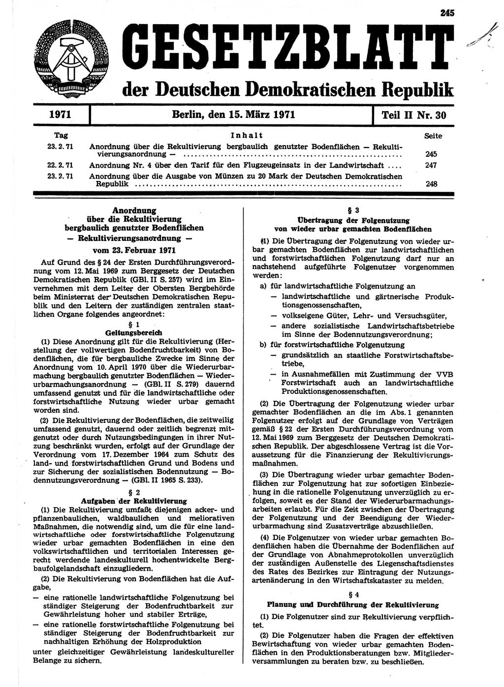 Gesetzblatt (GBl.) der Deutschen Demokratischen Republik (DDR) Teil ⅠⅠ 1971, Seite 245 (GBl. DDR ⅠⅠ 1971, S. 245)
