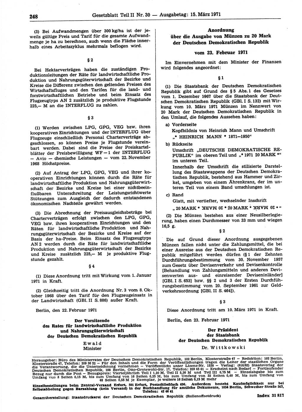 Gesetzblatt (GBl.) der Deutschen Demokratischen Republik (DDR) Teil ⅠⅠ 1971, Seite 248 (GBl. DDR ⅠⅠ 1971, S. 248)