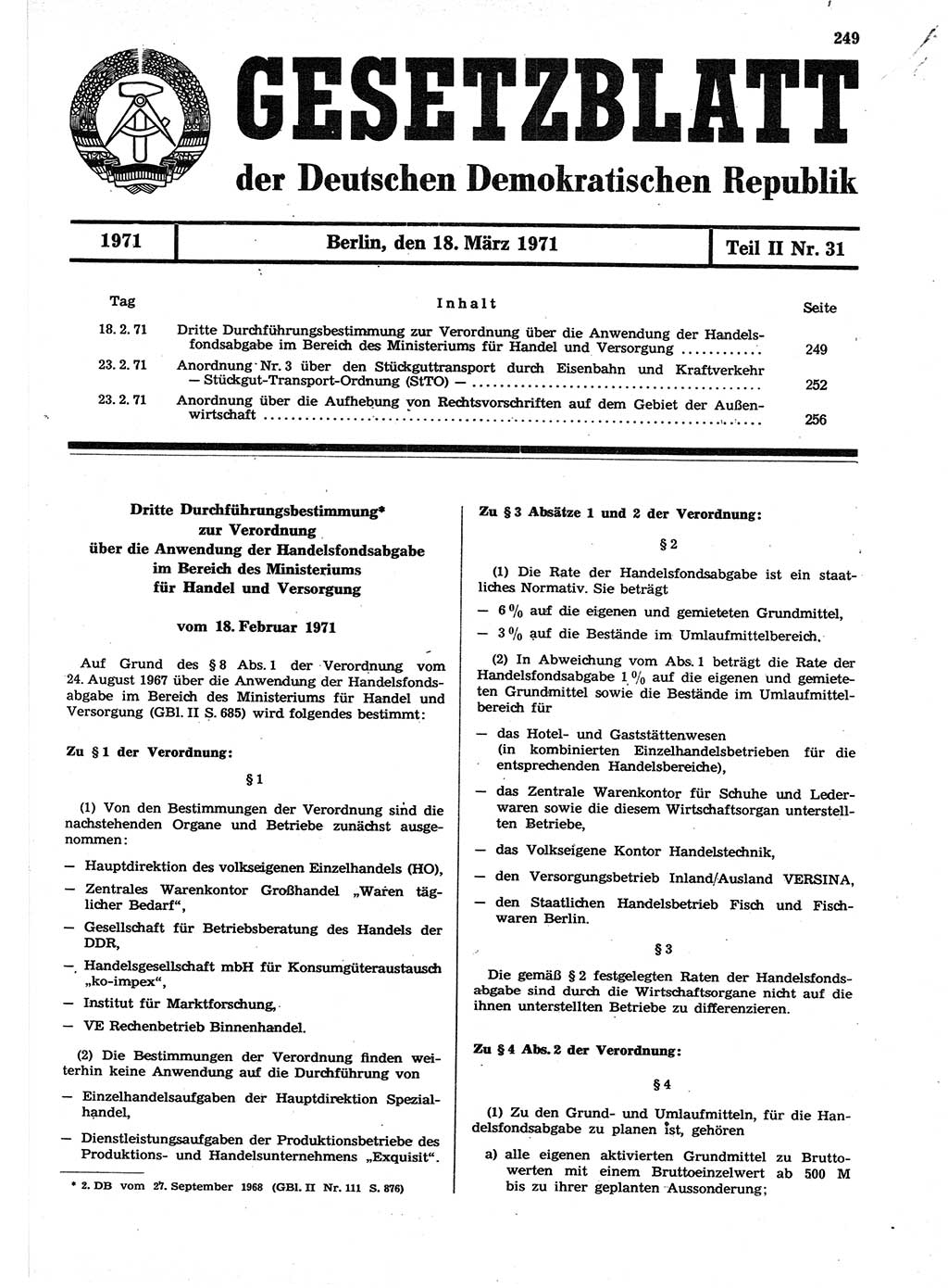 Gesetzblatt (GBl.) der Deutschen Demokratischen Republik (DDR) Teil ⅠⅠ 1971, Seite 249 (GBl. DDR ⅠⅠ 1971, S. 249)