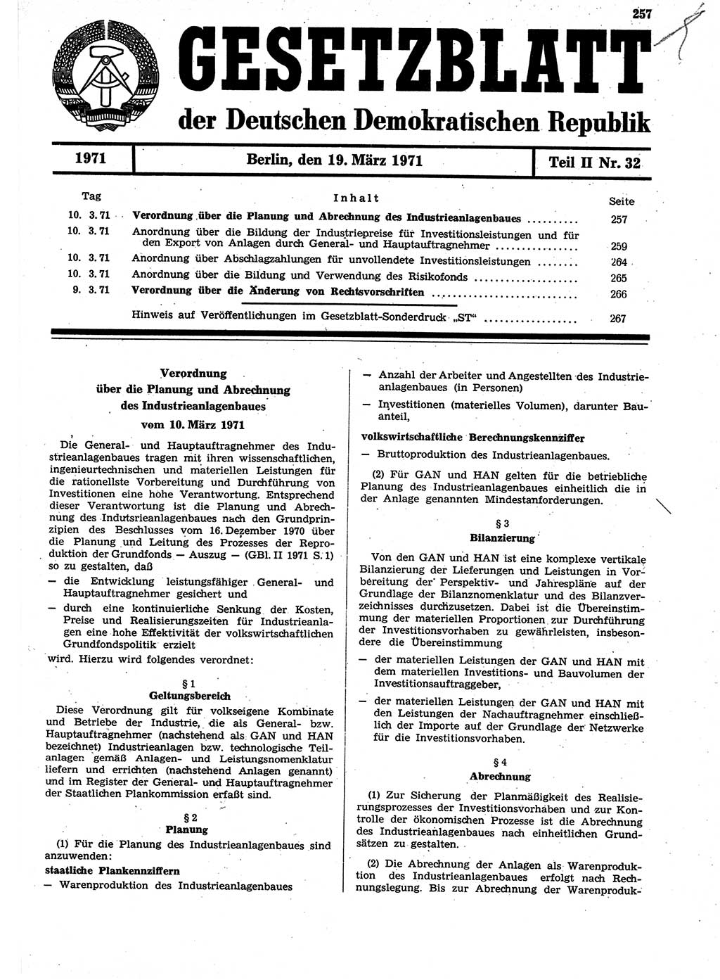 Gesetzblatt (GBl.) der Deutschen Demokratischen Republik (DDR) Teil ⅠⅠ 1971, Seite 257 (GBl. DDR ⅠⅠ 1971, S. 257)