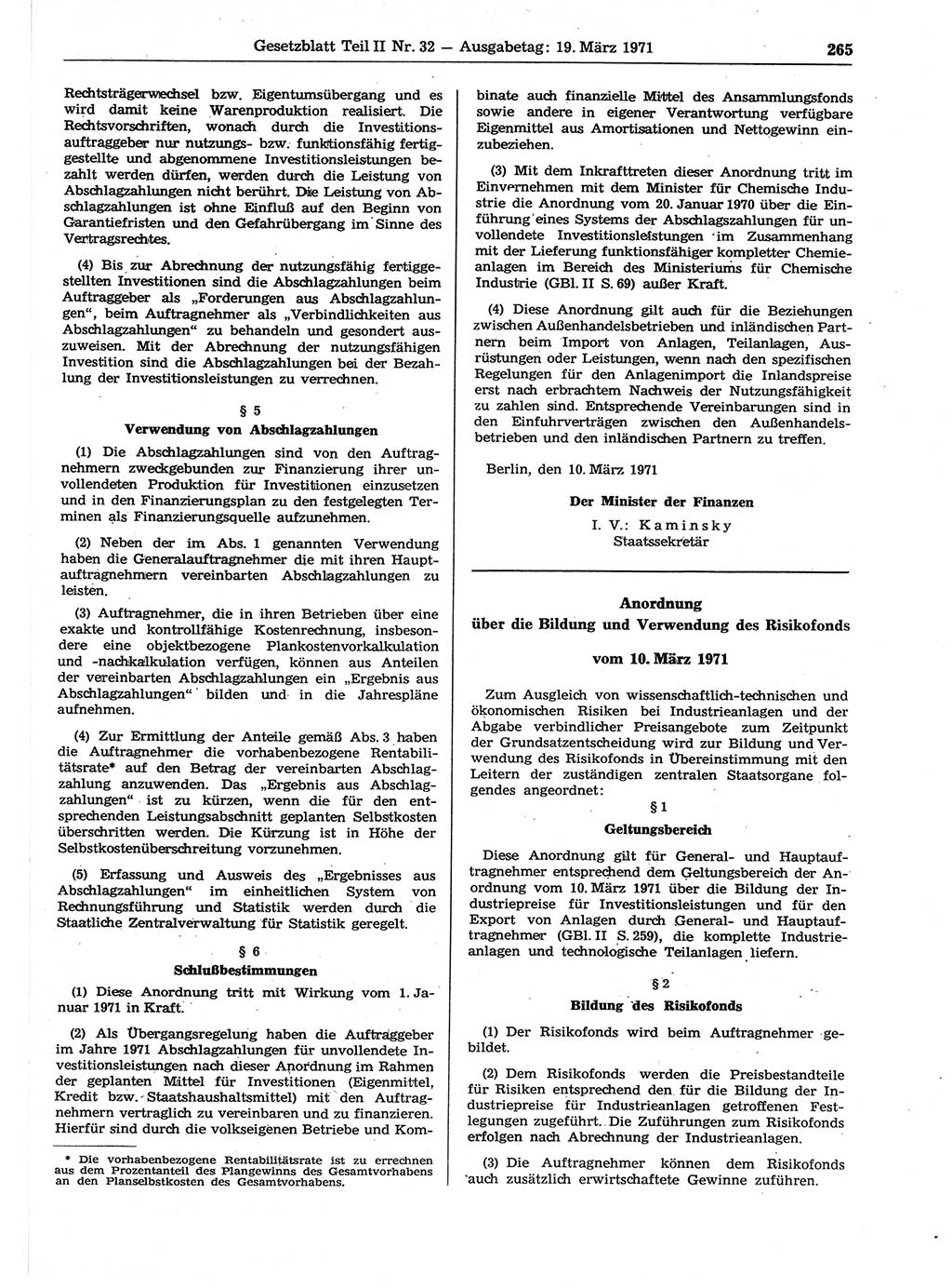 Gesetzblatt (GBl.) der Deutschen Demokratischen Republik (DDR) Teil ⅠⅠ 1971, Seite 265 (GBl. DDR ⅠⅠ 1971, S. 265)