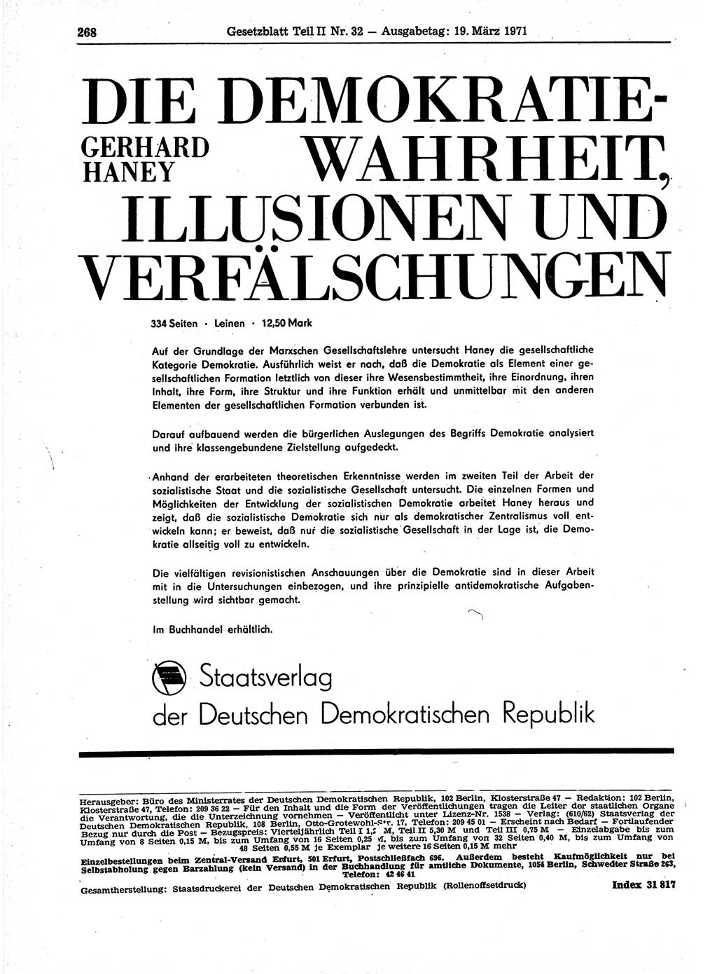Gesetzblatt (GBl.) der Deutschen Demokratischen Republik (DDR) Teil ⅠⅠ 1971, Seite 268 (GBl. DDR ⅠⅠ 1971, S. 268)