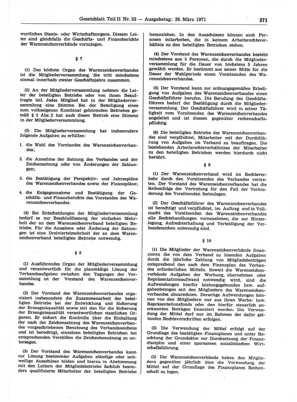 Gesetzblatt (GBl.) der Deutschen Demokratischen Republik (DDR) Teil ⅠⅠ 1971, Seite 271 (GBl. DDR ⅠⅠ 1971, S. 271)