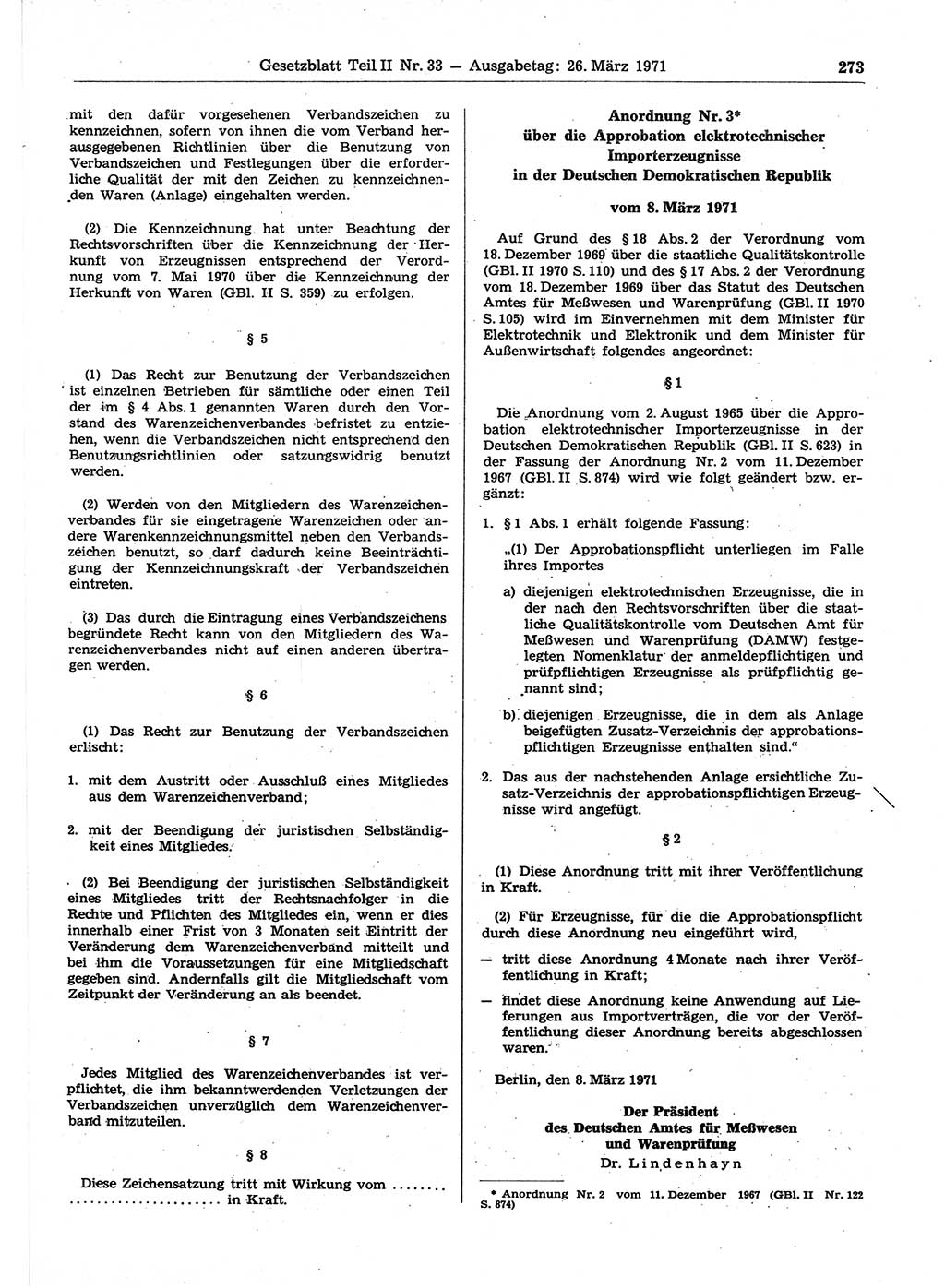 Gesetzblatt (GBl.) der Deutschen Demokratischen Republik (DDR) Teil ⅠⅠ 1971, Seite 273 (GBl. DDR ⅠⅠ 1971, S. 273)