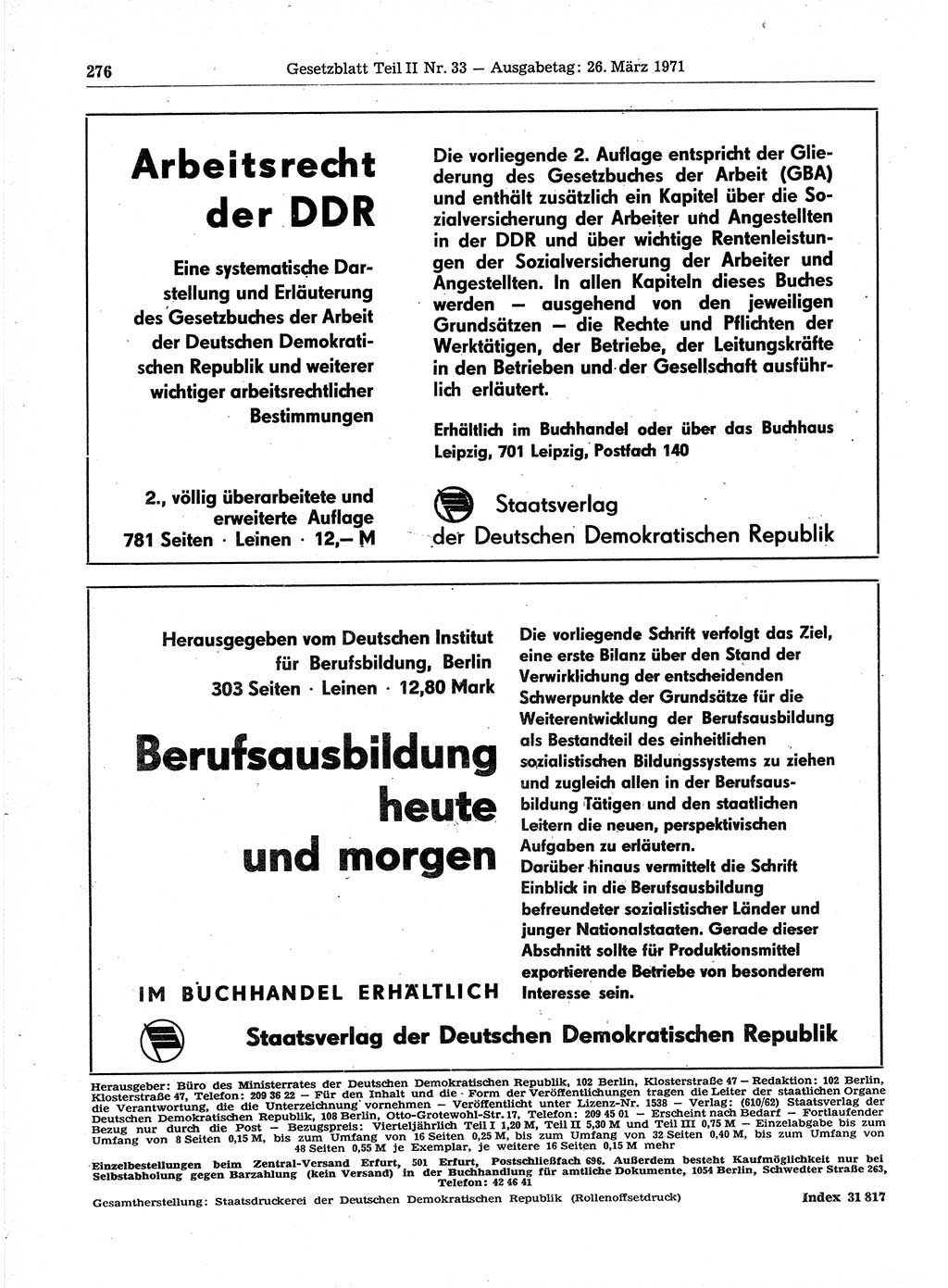 Gesetzblatt (GBl.) der Deutschen Demokratischen Republik (DDR) Teil ⅠⅠ 1971, Seite 276 (GBl. DDR ⅠⅠ 1971, S. 276)