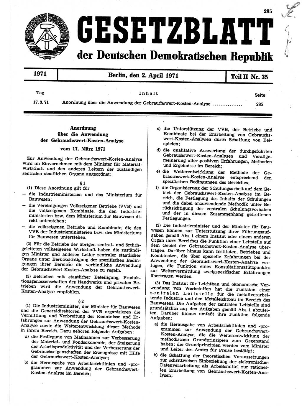 Gesetzblatt (GBl.) der Deutschen Demokratischen Republik (DDR) Teil ⅠⅠ 1971, Seite 285 (GBl. DDR ⅠⅠ 1971, S. 285)