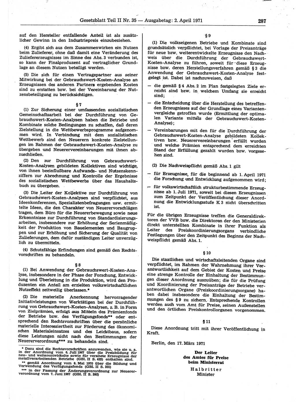 Gesetzblatt (GBl.) der Deutschen Demokratischen Republik (DDR) Teil ⅠⅠ 1971, Seite 287 (GBl. DDR ⅠⅠ 1971, S. 287)