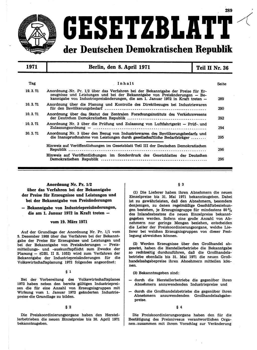 Gesetzblatt (GBl.) der Deutschen Demokratischen Republik (DDR) Teil ⅠⅠ 1971, Seite 289 (GBl. DDR ⅠⅠ 1971, S. 289)