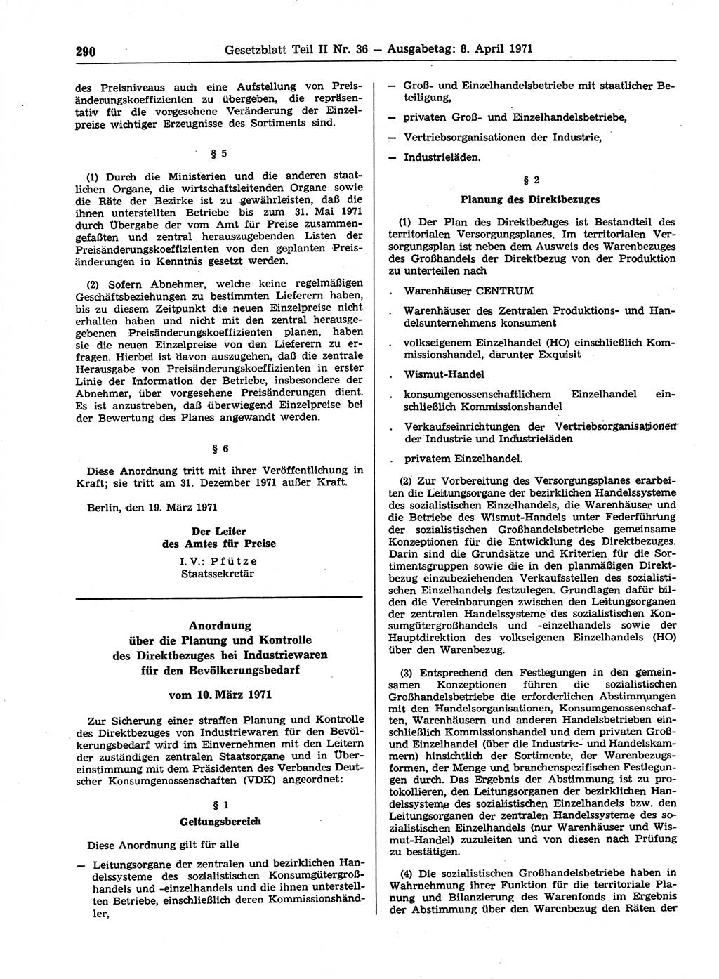 Gesetzblatt (GBl.) der Deutschen Demokratischen Republik (DDR) Teil ⅠⅠ 1971, Seite 290 (GBl. DDR ⅠⅠ 1971, S. 290)