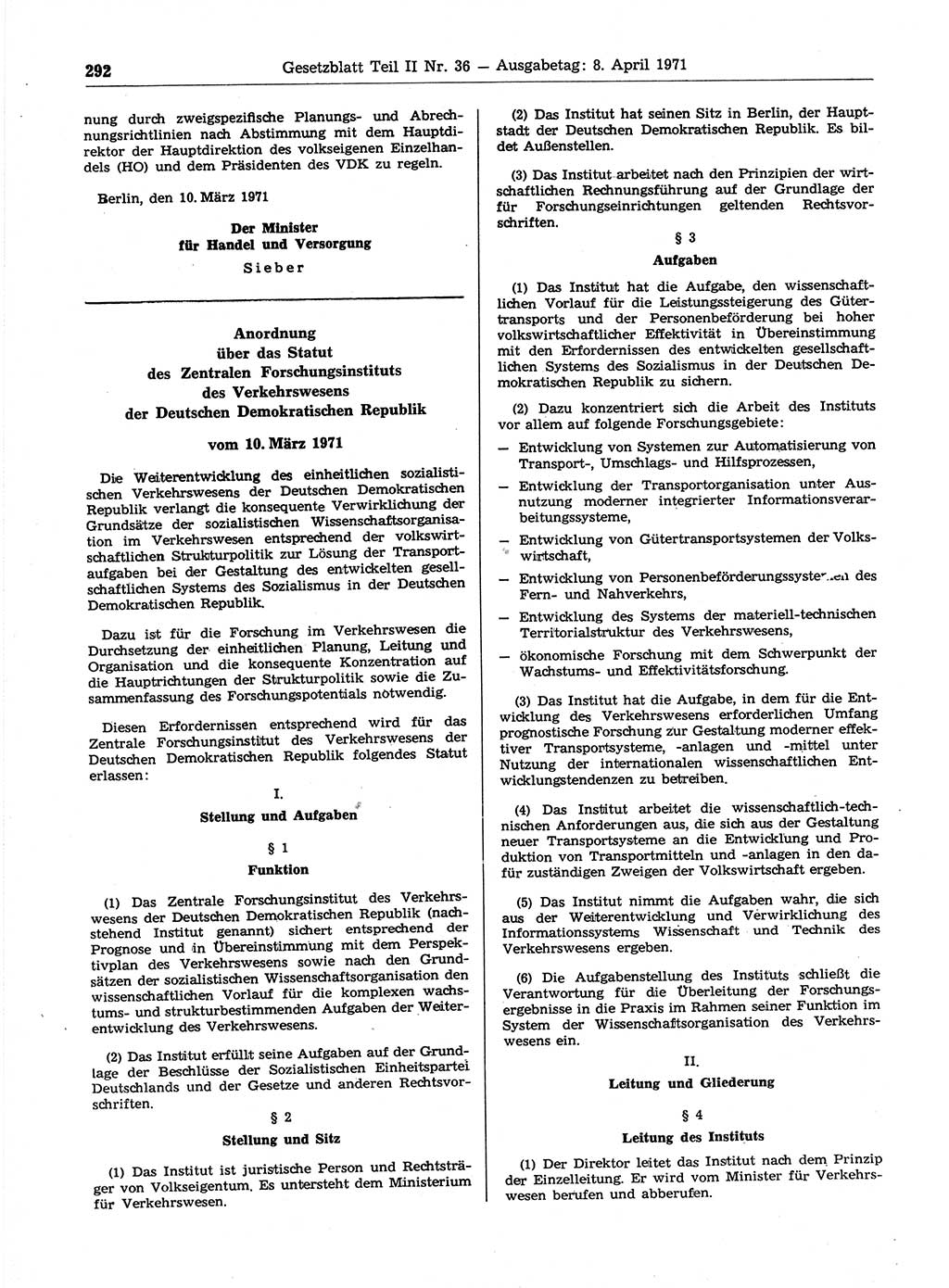 Gesetzblatt (GBl.) der Deutschen Demokratischen Republik (DDR) Teil ⅠⅠ 1971, Seite 292 (GBl. DDR ⅠⅠ 1971, S. 292)