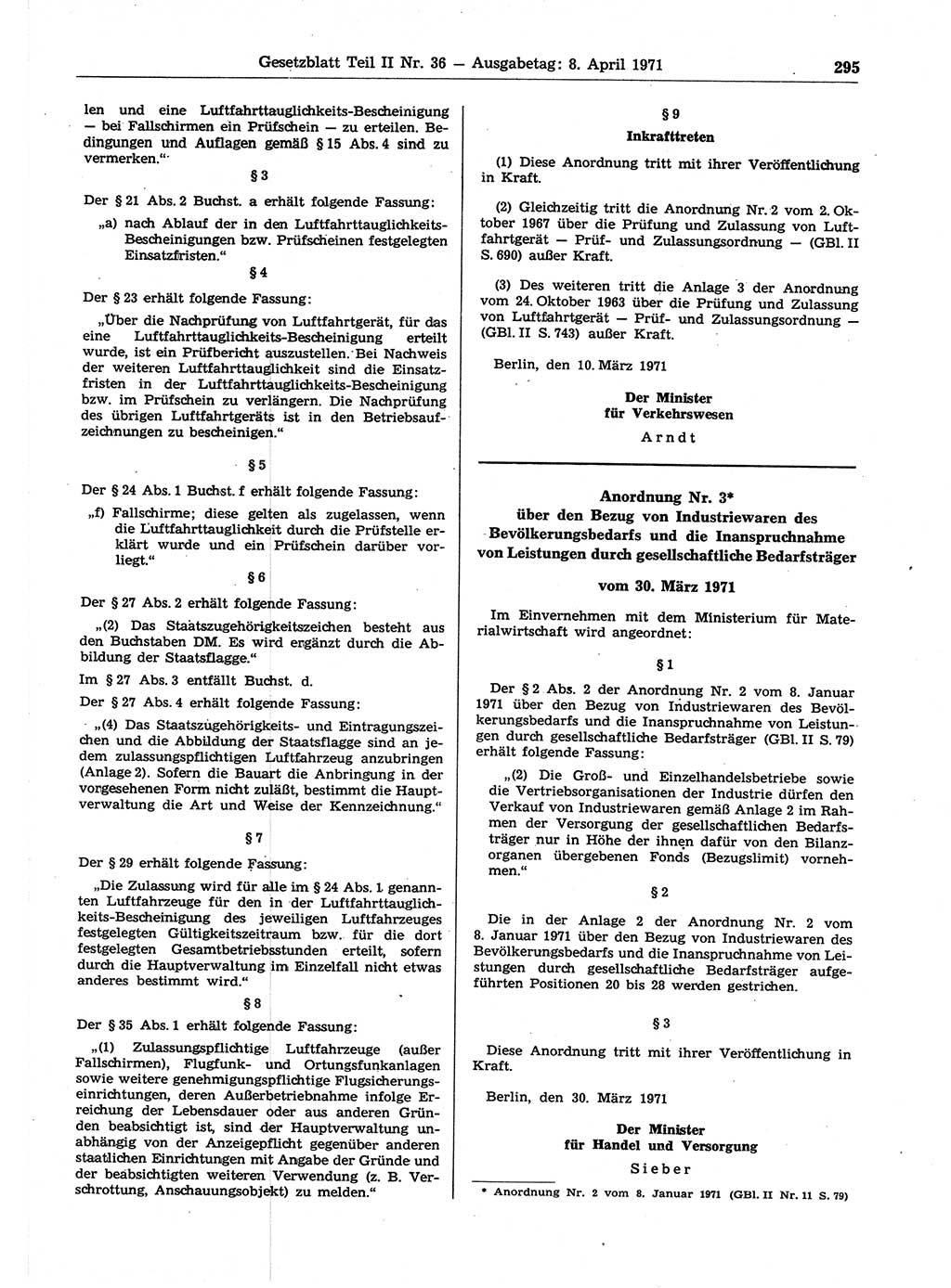 Gesetzblatt (GBl.) der Deutschen Demokratischen Republik (DDR) Teil ⅠⅠ 1971, Seite 295 (GBl. DDR ⅠⅠ 1971, S. 295)