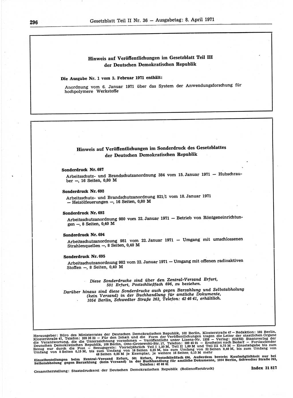 Gesetzblatt (GBl.) der Deutschen Demokratischen Republik (DDR) Teil ⅠⅠ 1971, Seite 296 (GBl. DDR ⅠⅠ 1971, S. 296)