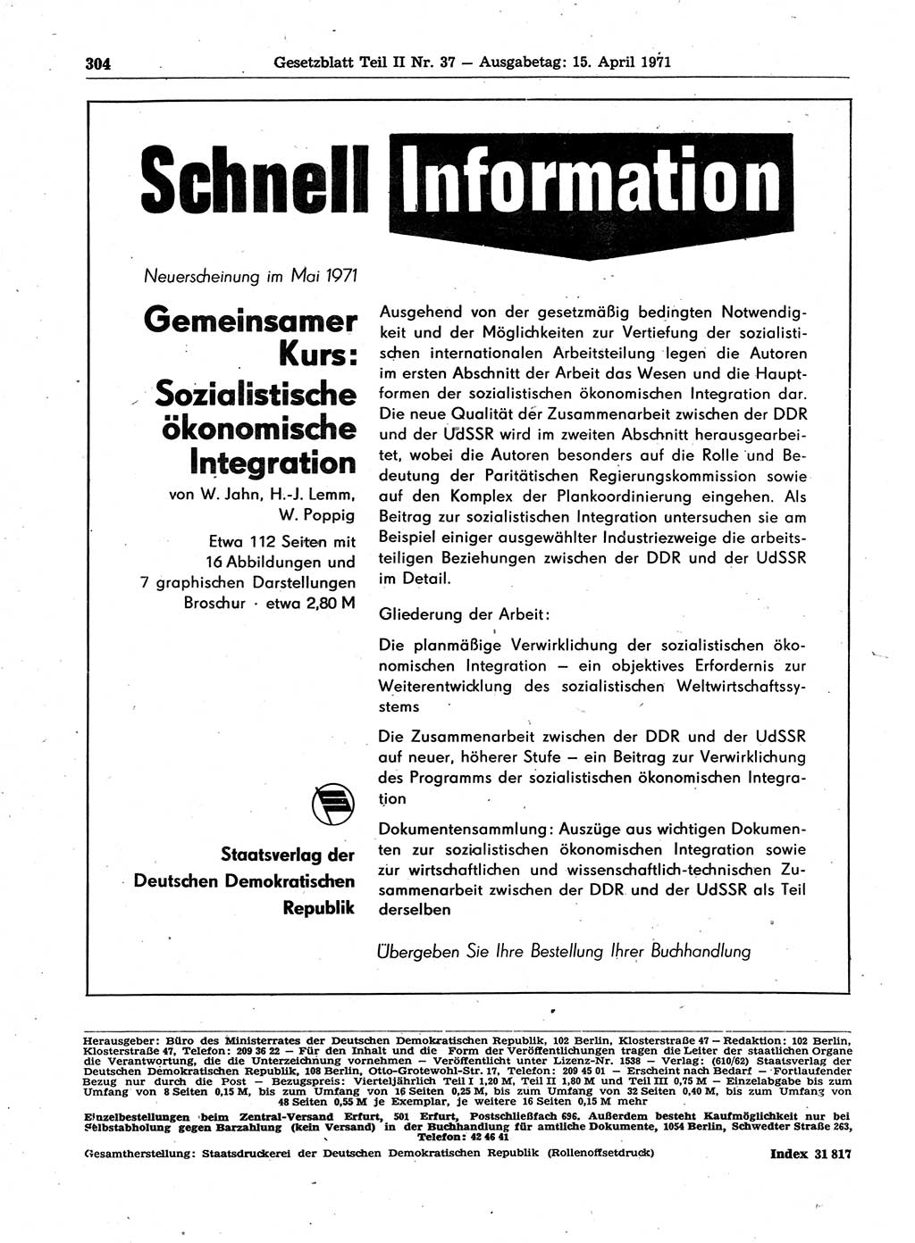Gesetzblatt (GBl.) der Deutschen Demokratischen Republik (DDR) Teil ⅠⅠ 1971, Seite 304 (GBl. DDR ⅠⅠ 1971, S. 304)