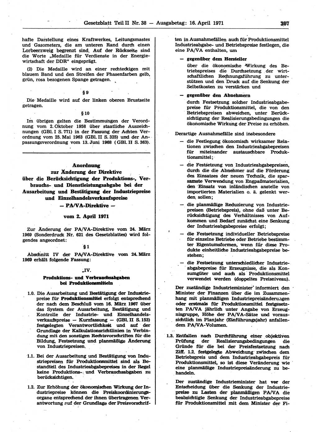 Gesetzblatt (GBl.) der Deutschen Demokratischen Republik (DDR) Teil ⅠⅠ 1971, Seite 307 (GBl. DDR ⅠⅠ 1971, S. 307)