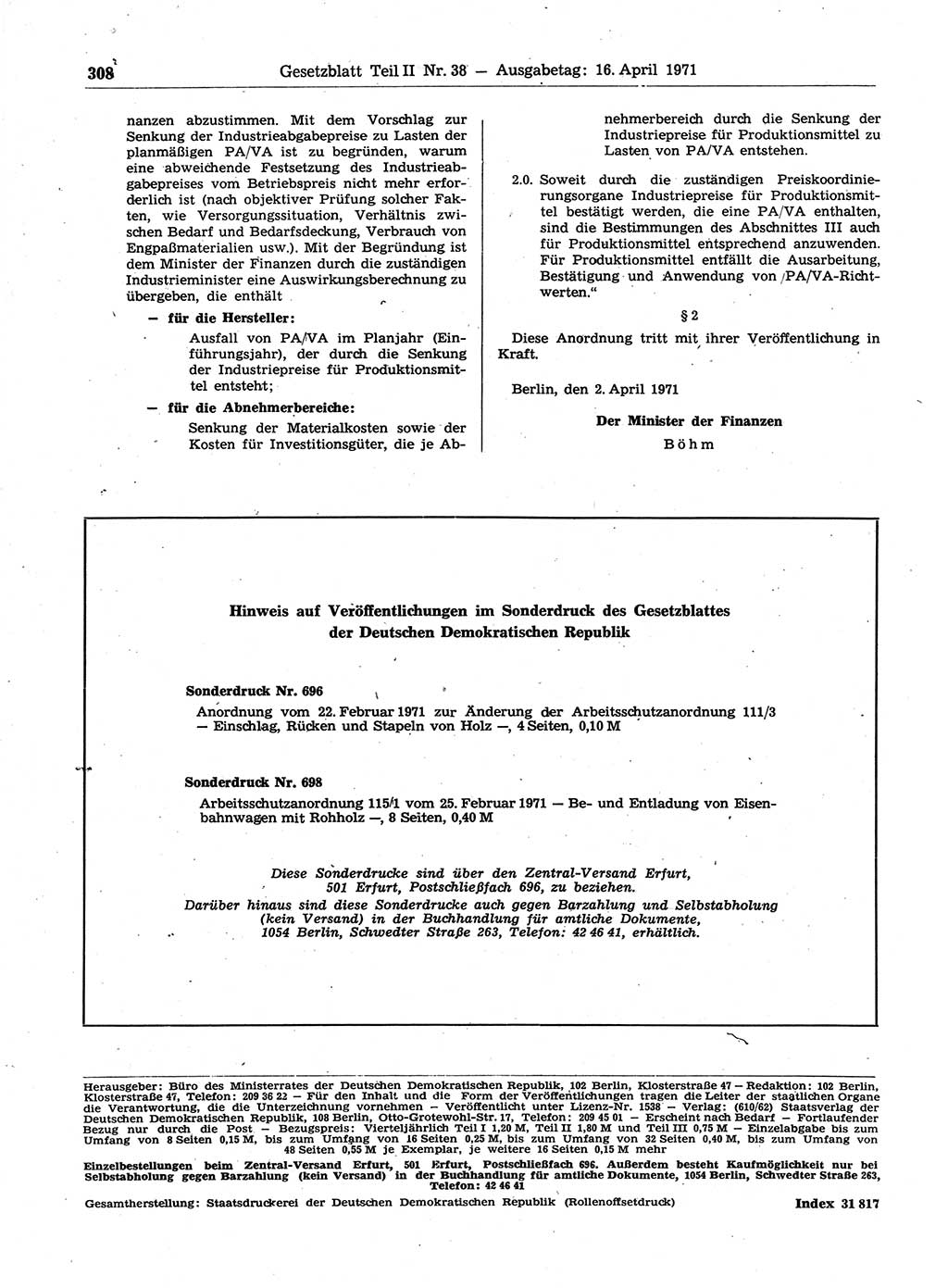 Gesetzblatt (GBl.) der Deutschen Demokratischen Republik (DDR) Teil ⅠⅠ 1971, Seite 308 (GBl. DDR ⅠⅠ 1971, S. 308)