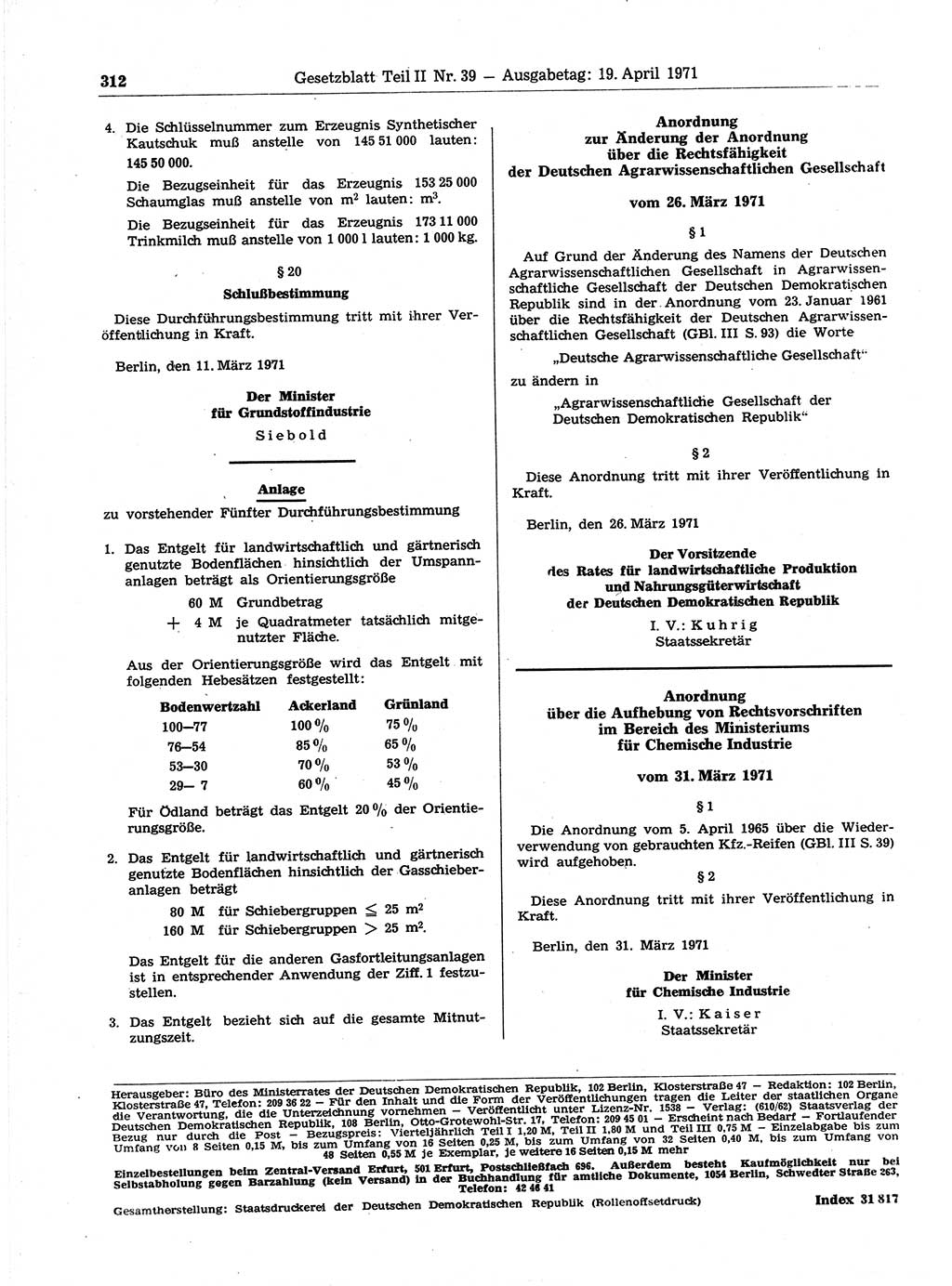 Gesetzblatt (GBl.) der Deutschen Demokratischen Republik (DDR) Teil ⅠⅠ 1971, Seite 312 (GBl. DDR ⅠⅠ 1971, S. 312)