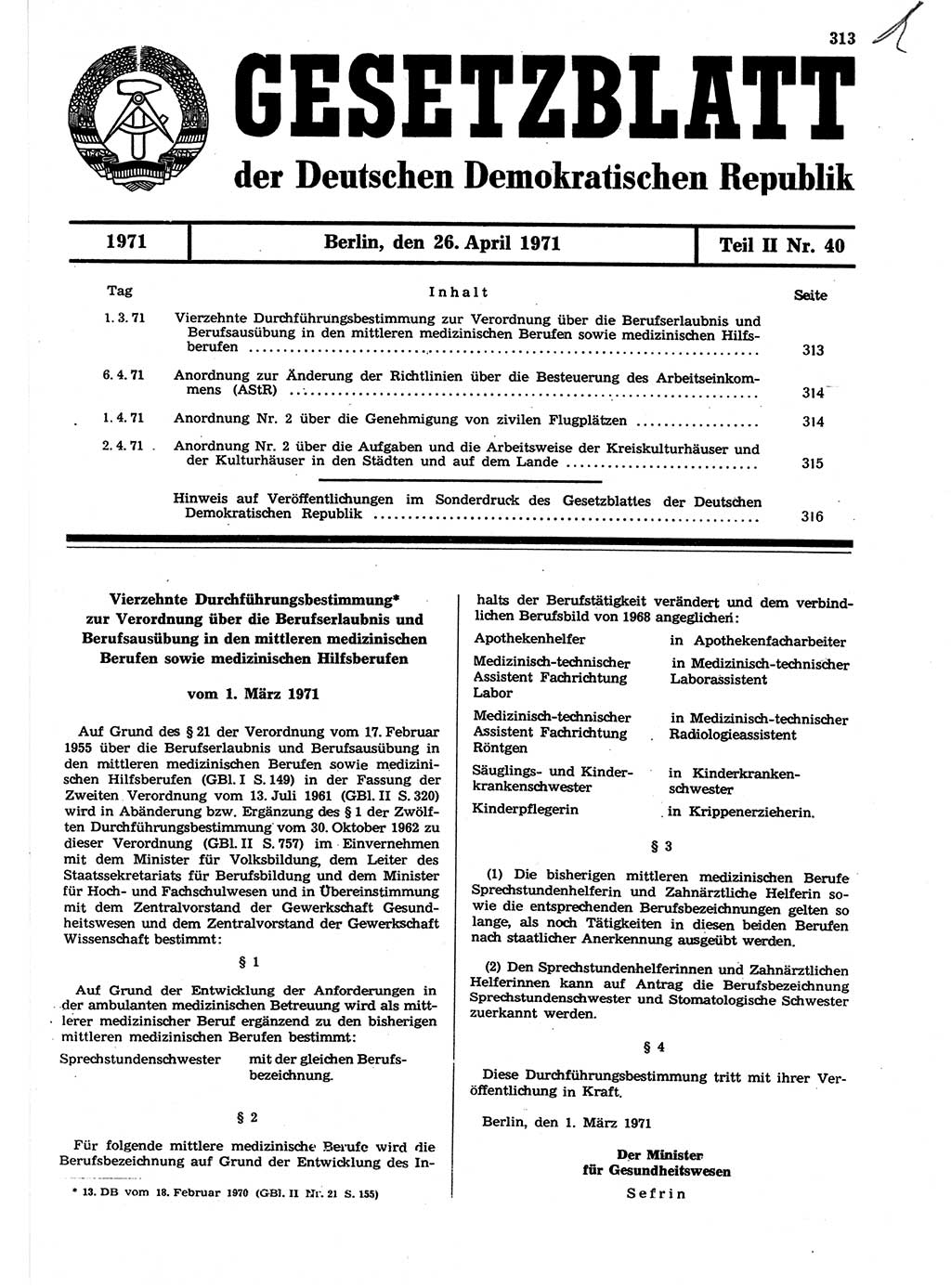 Gesetzblatt (GBl.) der Deutschen Demokratischen Republik (DDR) Teil ⅠⅠ 1971, Seite 313 (GBl. DDR ⅠⅠ 1971, S. 313)