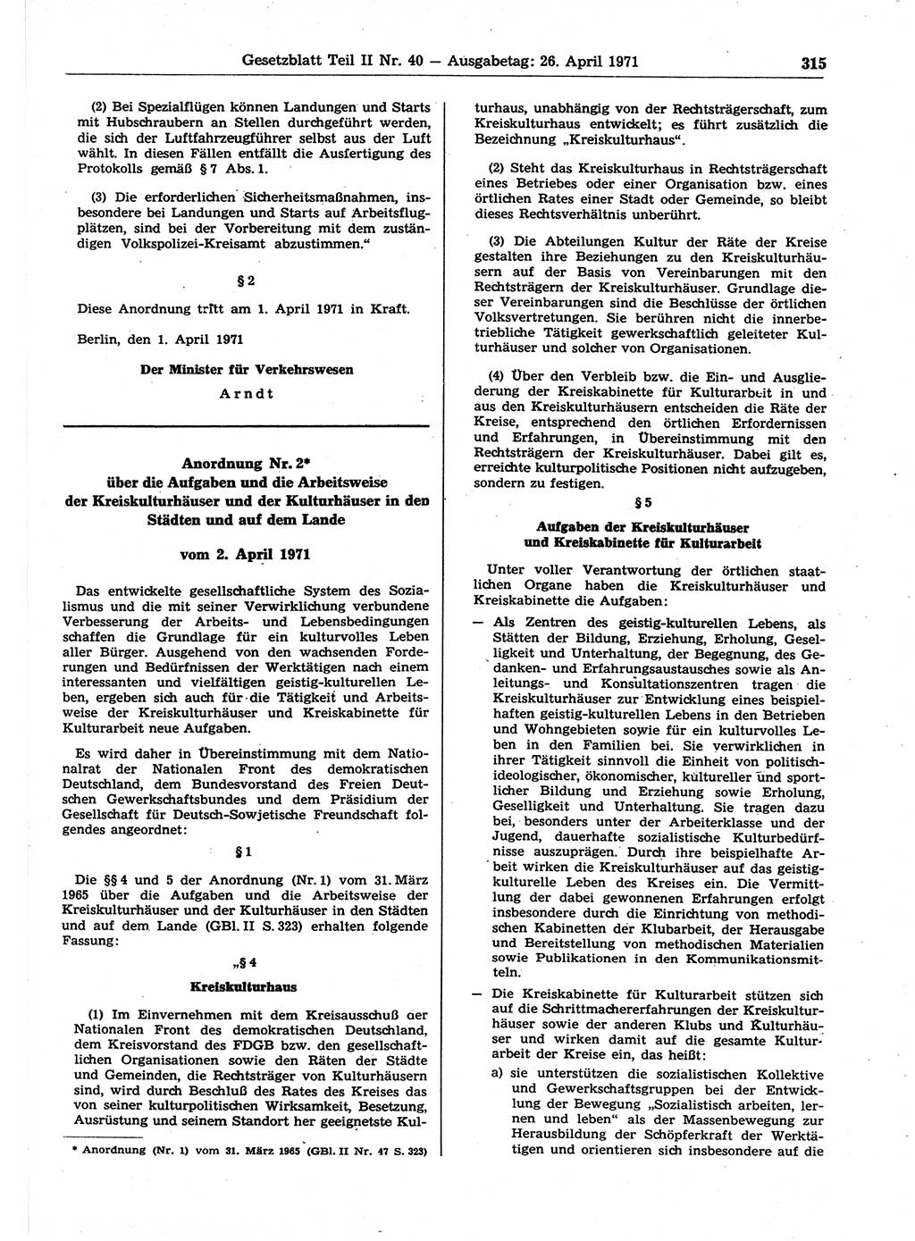 Gesetzblatt (GBl.) der Deutschen Demokratischen Republik (DDR) Teil ⅠⅠ 1971, Seite 315 (GBl. DDR ⅠⅠ 1971, S. 315)