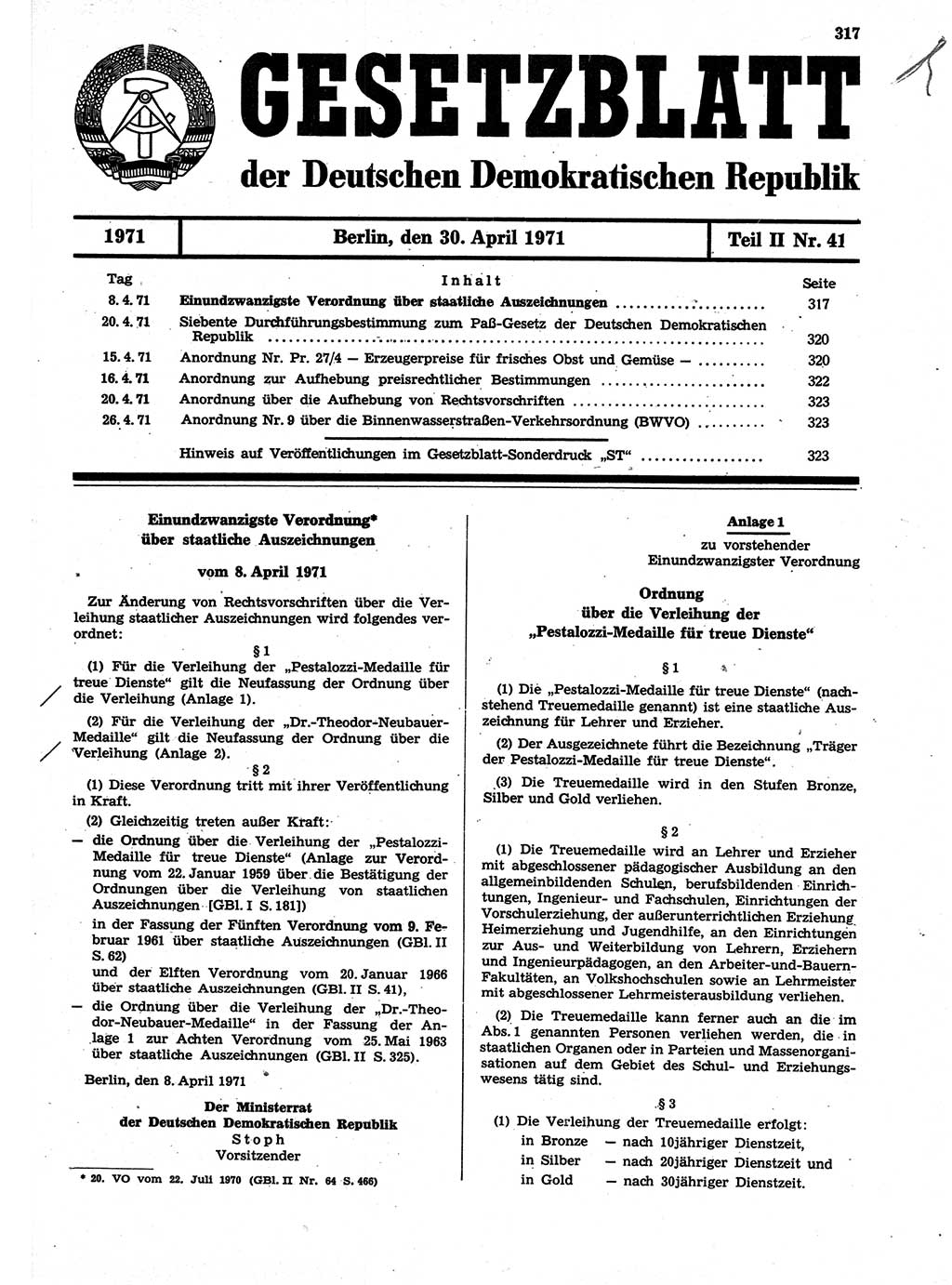 Gesetzblatt (GBl.) der Deutschen Demokratischen Republik (DDR) Teil ⅠⅠ 1971, Seite 317 (GBl. DDR ⅠⅠ 1971, S. 317)