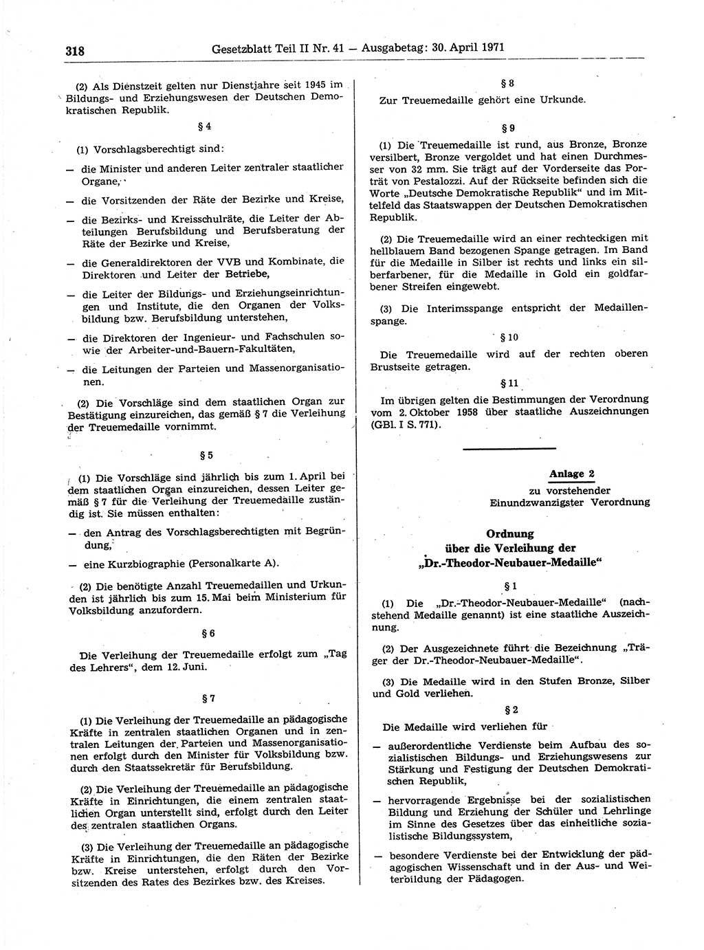 Gesetzblatt (GBl.) der Deutschen Demokratischen Republik (DDR) Teil ⅠⅠ 1971, Seite 318 (GBl. DDR ⅠⅠ 1971, S. 318)