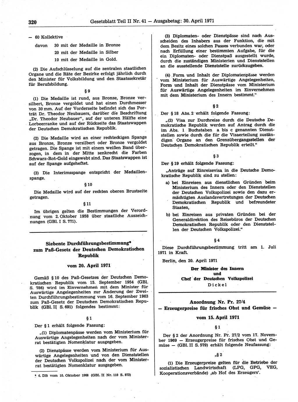 Gesetzblatt (GBl.) der Deutschen Demokratischen Republik (DDR) Teil ⅠⅠ 1971, Seite 320 (GBl. DDR ⅠⅠ 1971, S. 320)