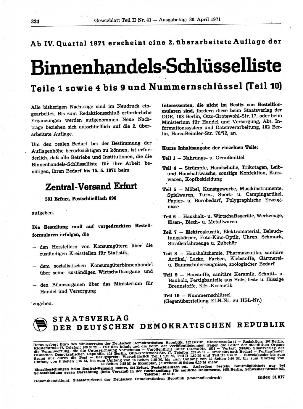 Gesetzblatt (GBl.) der Deutschen Demokratischen Republik (DDR) Teil ⅠⅠ 1971, Seite 324 (GBl. DDR ⅠⅠ 1971, S. 324)