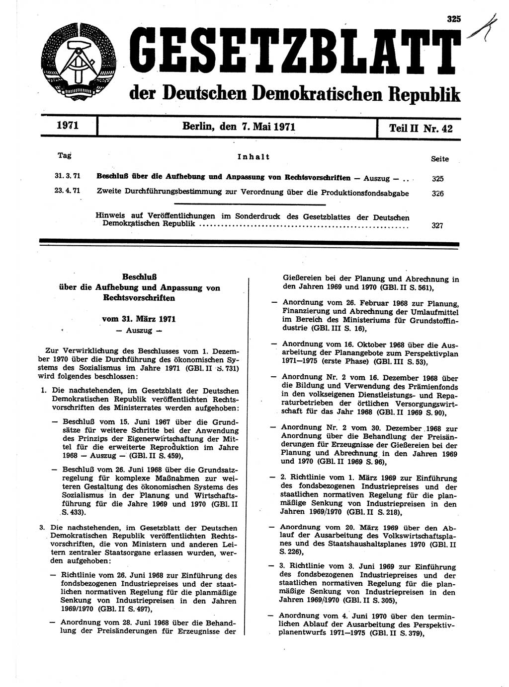 Gesetzblatt (GBl.) der Deutschen Demokratischen Republik (DDR) Teil ⅠⅠ 1971, Seite 325 (GBl. DDR ⅠⅠ 1971, S. 325)